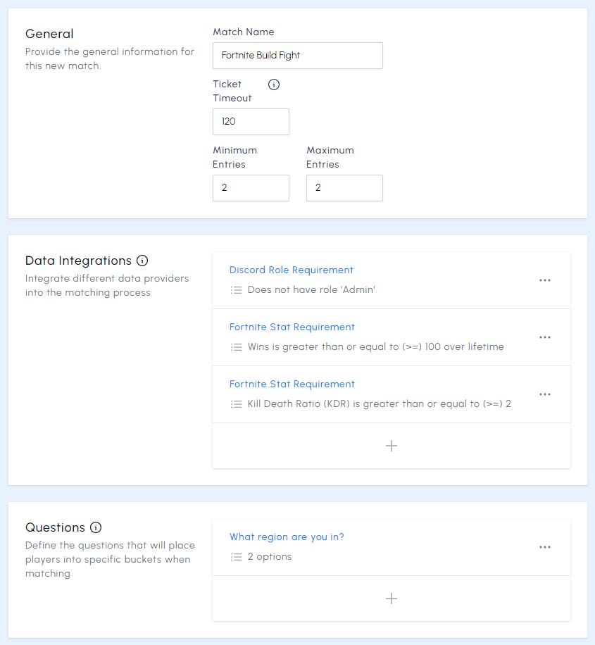 The customizable match creation interface